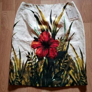 Silk Club Skirt Women's 12 Ivory Red Floral Beaded Silk Lined Straight Zip